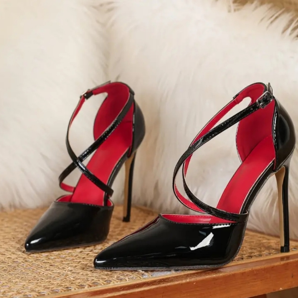Women Pointed Toe Black Stiletto Heels With Cross-Back Design Size 7 (38) - Picture 2 of 10